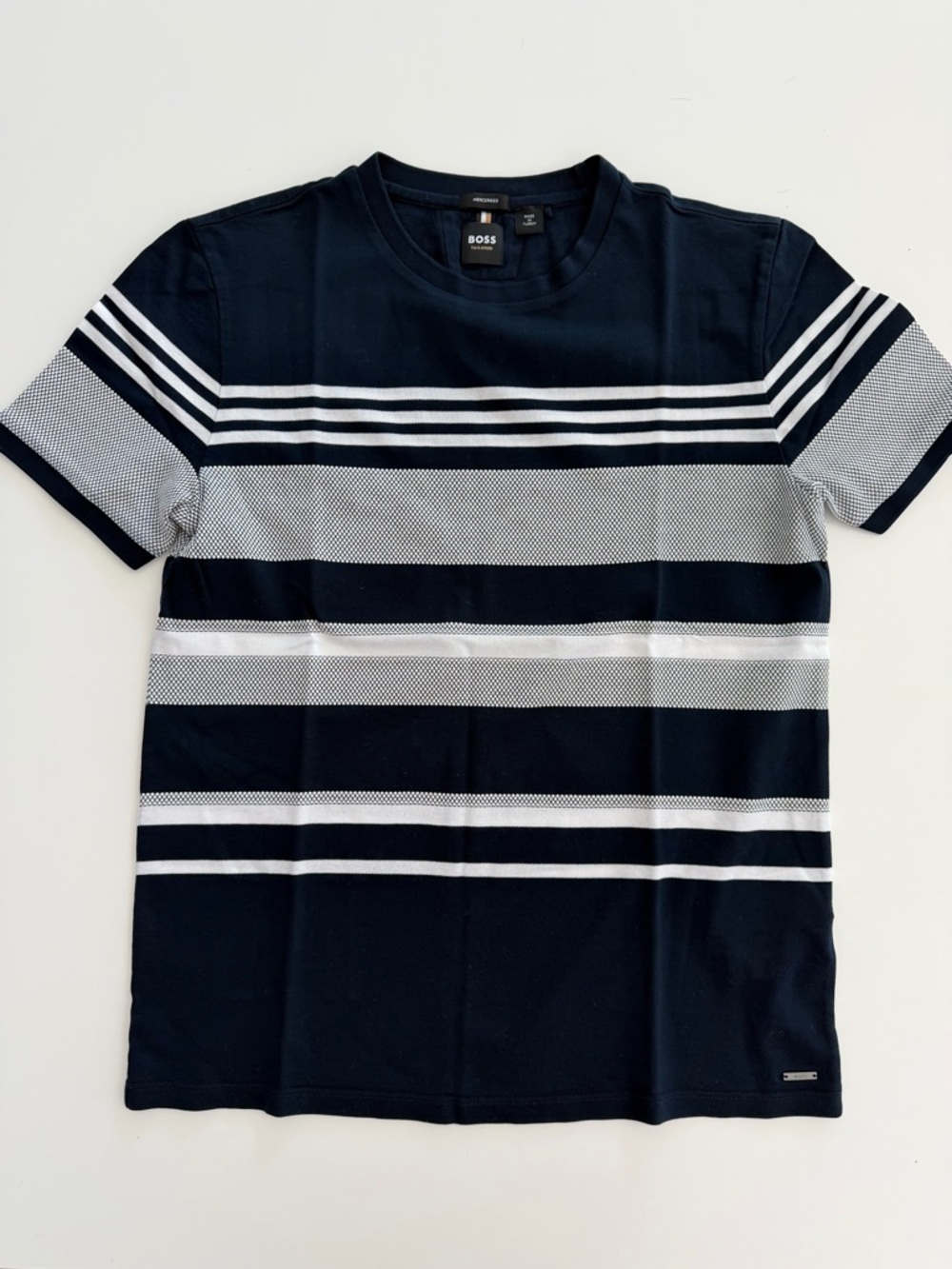 Boss Men Navy and White Striped Short-Sleeve Crew Tee